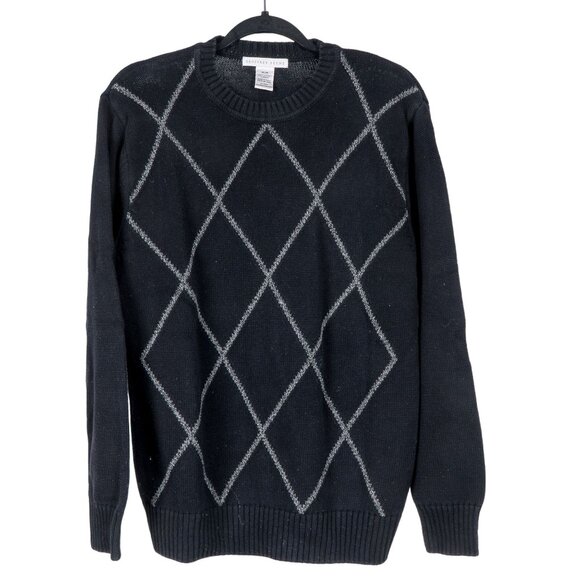 Geoffrey Beene Sweater M Mens Black Gray Geometric Lines Crewneck 100% Cotton - Picture 1 of 6